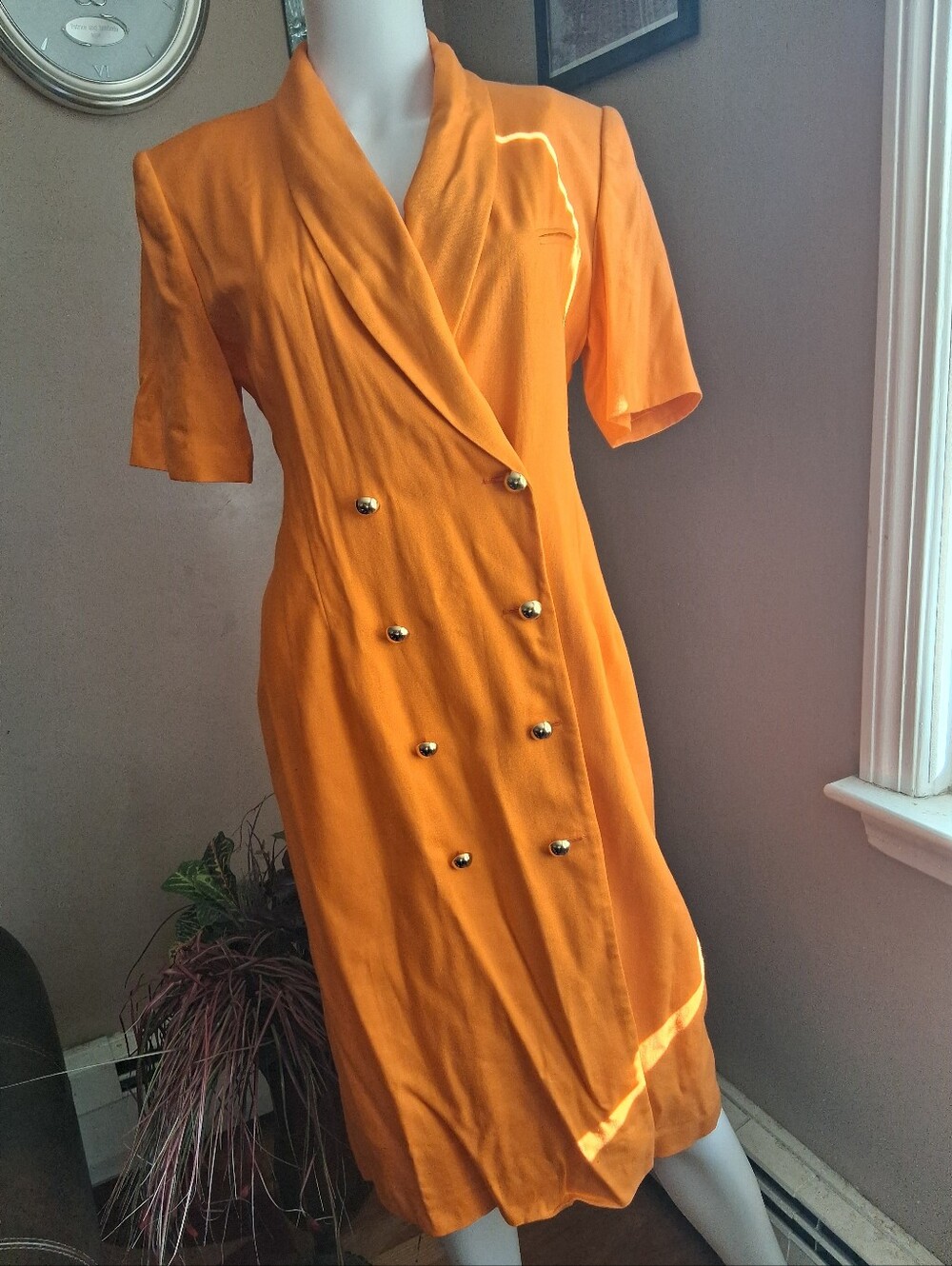 Vintage Women's Double-Breasted Orange Shirt Dress